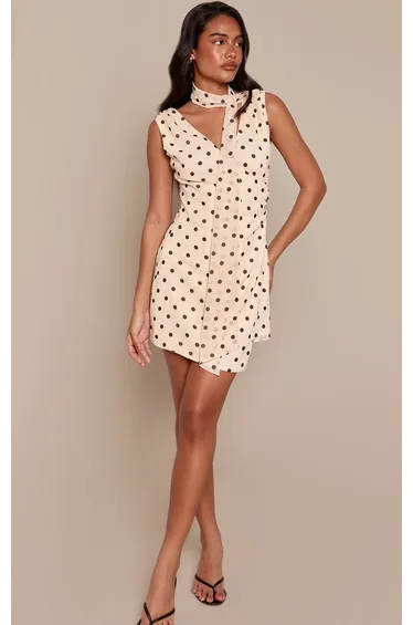 Cream Polka Dot Chiffon Scarf Detail Mini Dress