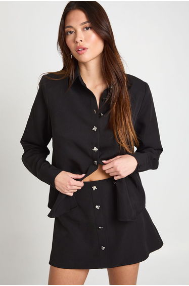 Silver Button Woven Mini Skirt - black