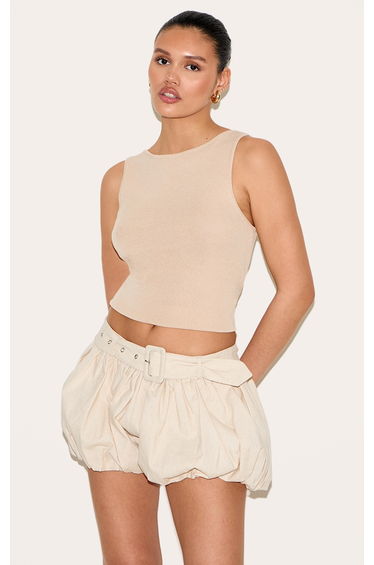 Natural Linen Blend Belted Puffball Mini Skirt