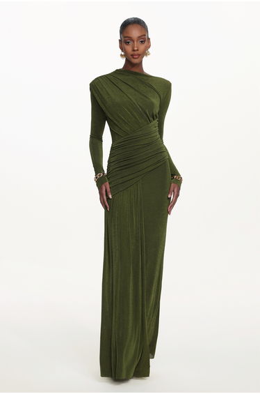Tryphosa Elegant Contour Long Sleeve Ruched Knit Maxi Dress