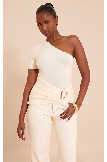 Cream One Shoulder Asymmetric Trim Detail Knit Top