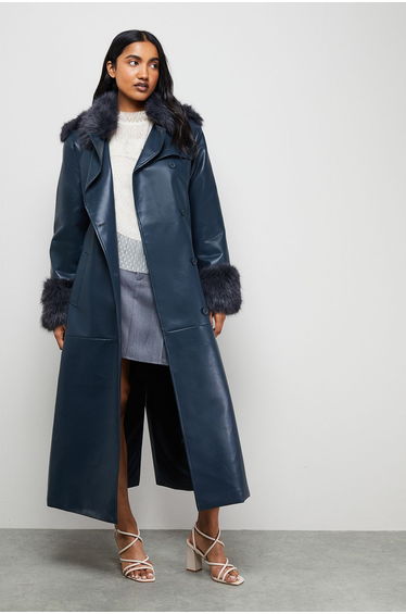 PU Belted Faux Fur Collar Trench Coat