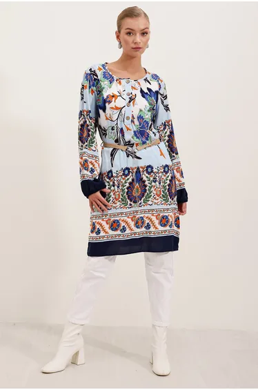 Belted Patterned - Navy Blue