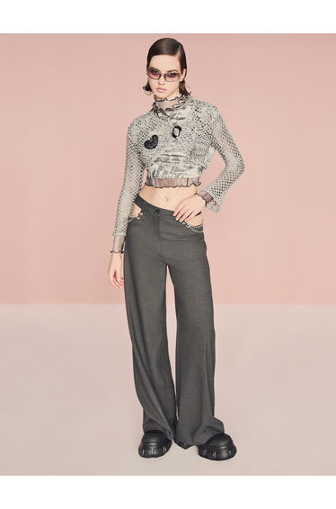 Straight Wide Leg Trousers Cut Out Detail Chain Detail Pockets