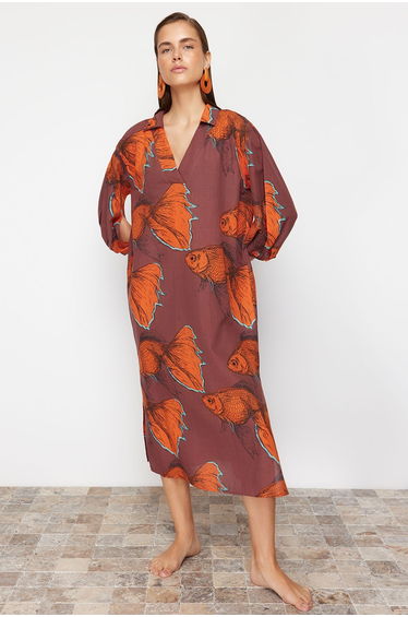 Brown-Multicolored Slogan Regular Woven 100% Cotton Dress