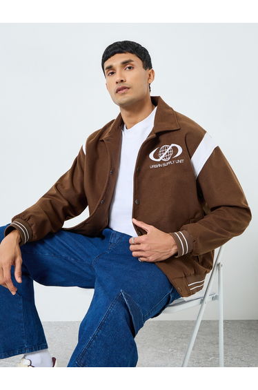 Men Relaxed Varsity Jacket with Graphic Patchwork
