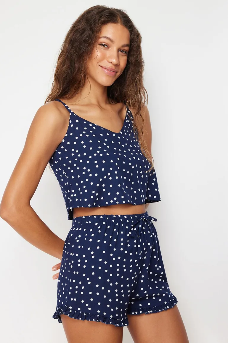 Navy Blue Polka Dot Ruffle Detailed Woven Pajamas Set - 3