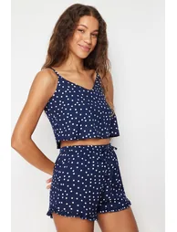 Navy Blue Polka Dot Ruffle Detailed Woven Pajamas Set - 3