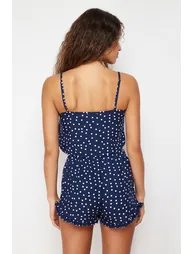 Navy Blue Polka Dot Ruffle Detailed Woven Pajamas Set - 5