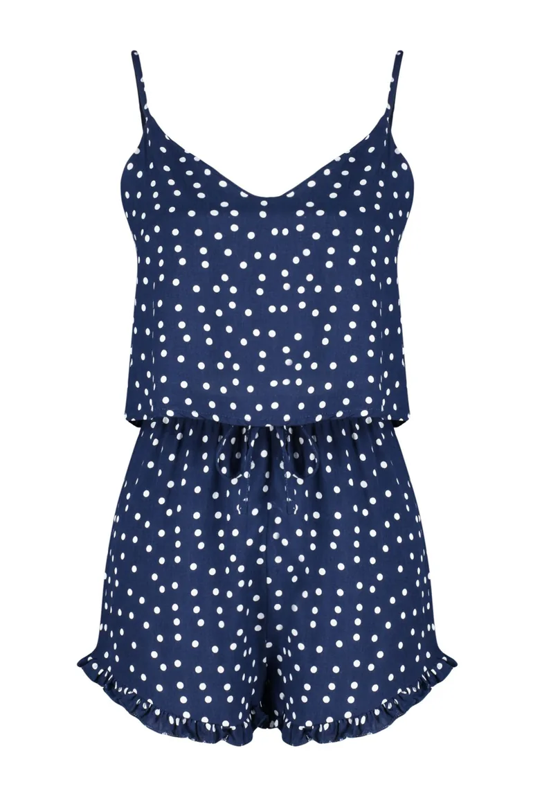 Navy Blue Polka Dot Ruffle Detailed Woven Pajamas Set - 7