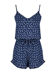 Navy Blue Polka Dot Ruffle Detailed Woven Pajamas Set - 7