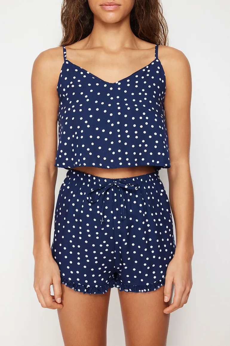Navy Blue Polka Dot Ruffle Detailed Woven Pajamas Set - 4