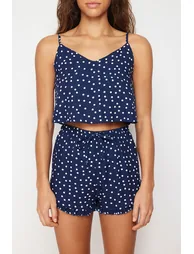 Navy Blue Polka Dot Ruffle Detailed Woven Pajamas Set - 4