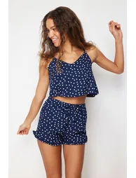 Navy Blue Polka Dot Ruffle Detailed Woven Pajamas Set - 1