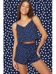 Navy Blue Polka Dot Ruffle Detailed Woven Pajamas Set
