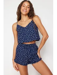 Navy Blue Polka Dot Ruffle Detailed Woven Pajamas Set - 2