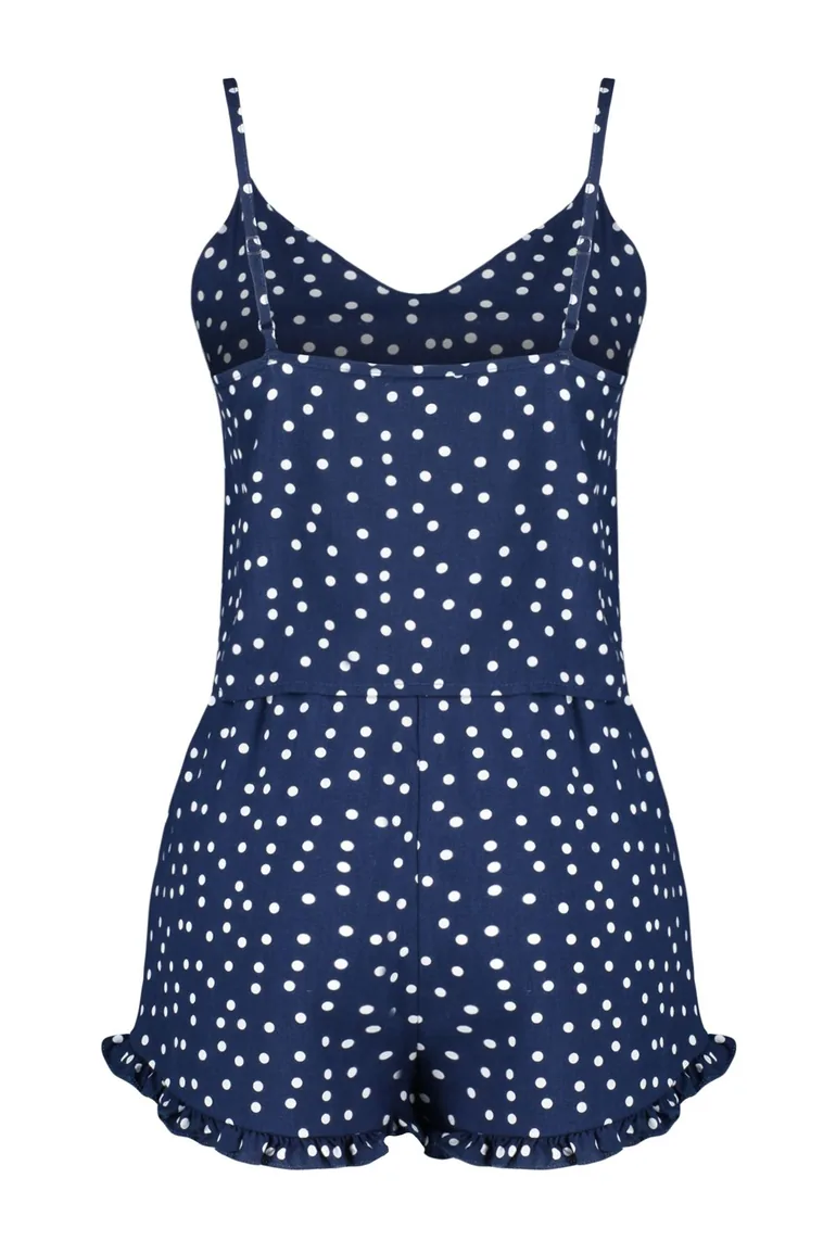 Navy Blue Polka Dot Ruffle Detailed Woven Pajamas Set - 8