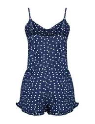 Navy Blue Polka Dot Ruffle Detailed Woven Pajamas Set - 8