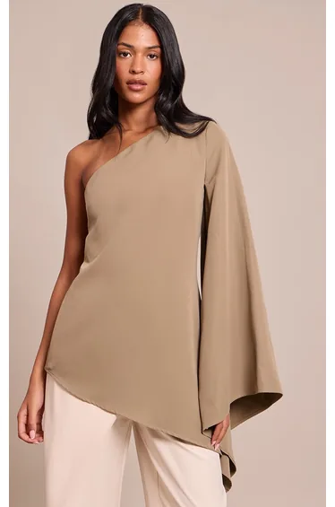 Tall Khaki Woven Asymmetric Flare Sleeve Long Top