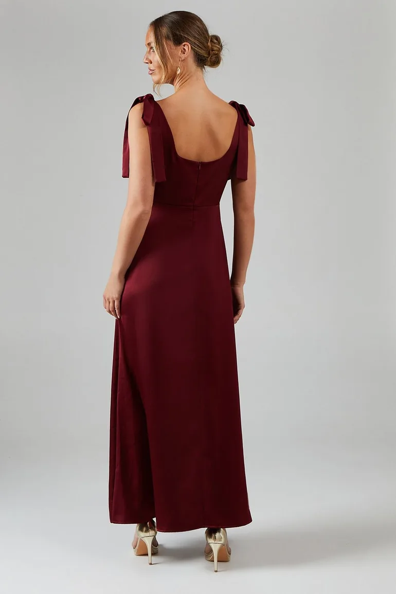 Wine Satin Tie Shoulder Midi Bridesmaid Dress - 2