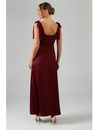 Wine Satin Tie Shoulder Midi Bridesmaid Dress - 2