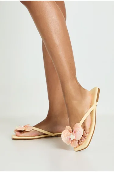 Orchid Detail Square Toe Flip Flops - lemon