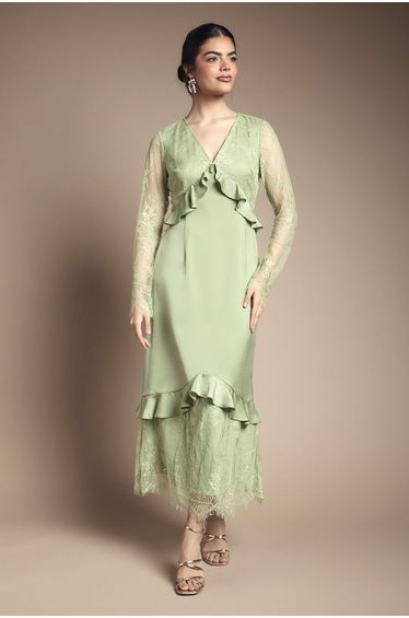 Lace Panel Detail Frill Hem Midi Dress