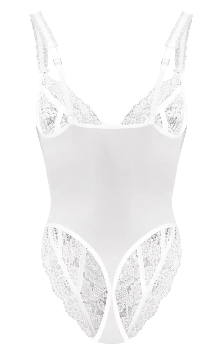 White Mesh Frill Detail Panelling Lace Bodysuit - 4
