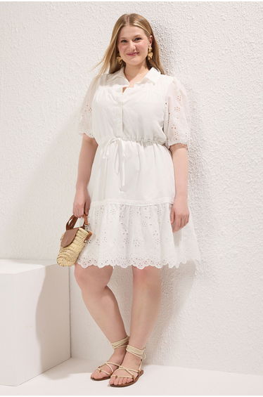 White Balloon Sleeve A-Line Midi Woven Plus Size Dress