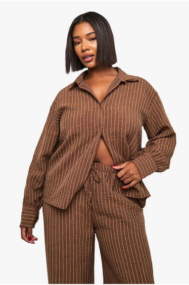 Plus Woven Stripe Oversized Shirt - brown