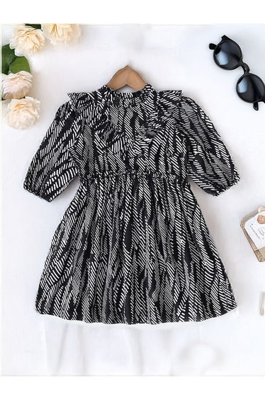 Printed Ruffled Detail Knee-Length Dress