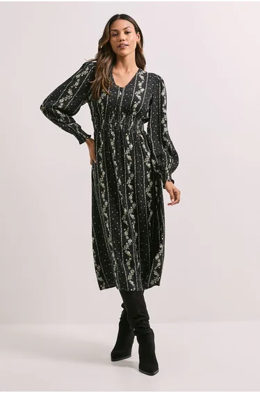 V Neck Button Front Detail Printed Midi Dress