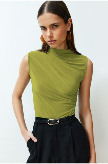 Apple Green Zero Sleeve Gathered Body-Smoothing Flexible Knitted Blouse