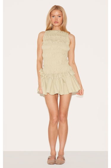 Sage Green Tailored Shirred Frill Shift Dress