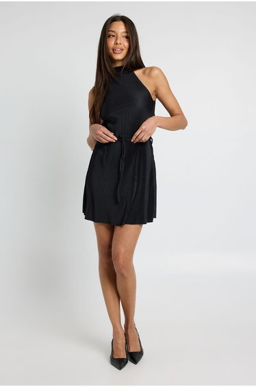 Plisse High Neck Tie Waist Shift Dress - black