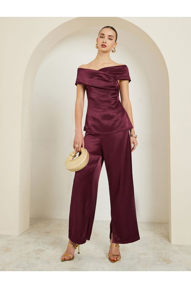 Burgundy Satin Off-Shoulder Top