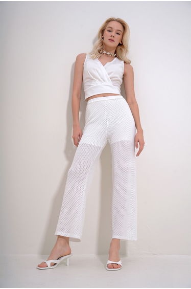 Women's White Double Breasted Collar Crop Blouse and Lined Trousers Double Set