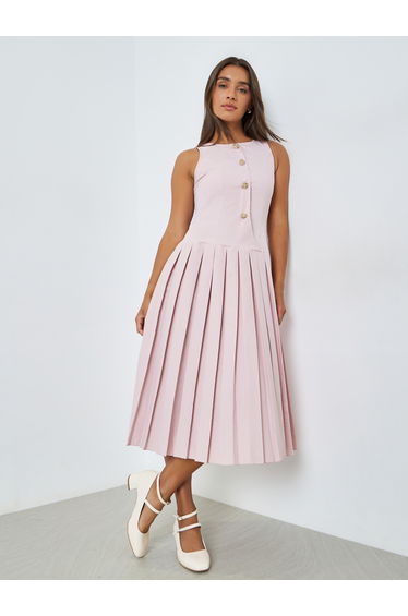 Pink Pleated A-Line Midi Dress