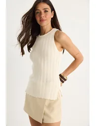 Crew Neck Ribbed Knit Blouse