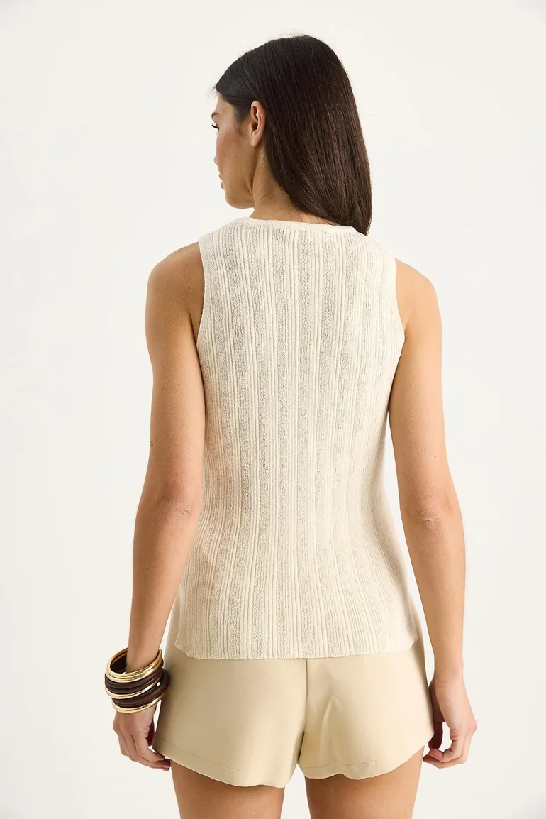 Crew Neck Ribbed Knit Blouse - 6