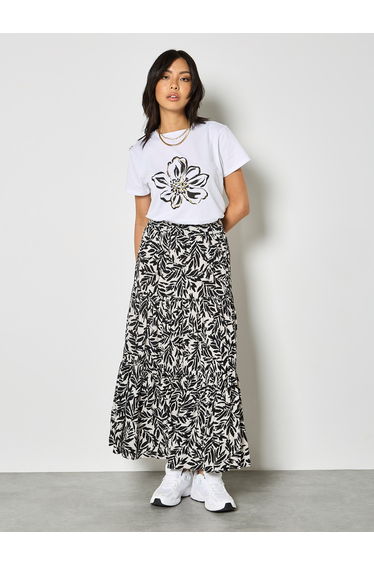 Leaf Print Tiered Midi Skirt