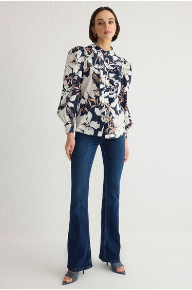 Navy Blue Stand Collar Ruffle Chiffon Floral Woven Shirt
