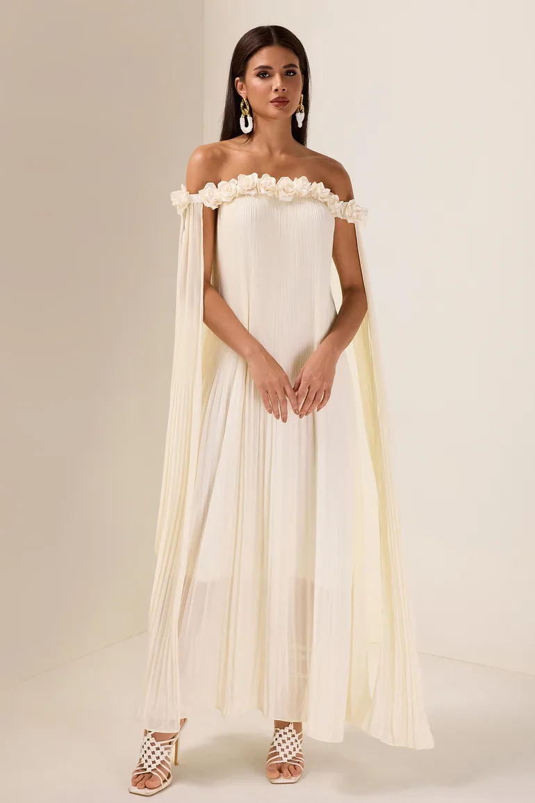 Aria 3D Flower Chiffon Maxi Dress in Beige JardinVue : Premium Dresses : VogaCloset Oman Aria 3D Flower Chiffon Maxi Dress in Beige JardinVue : Premium Dresses : VogaCloset Oman