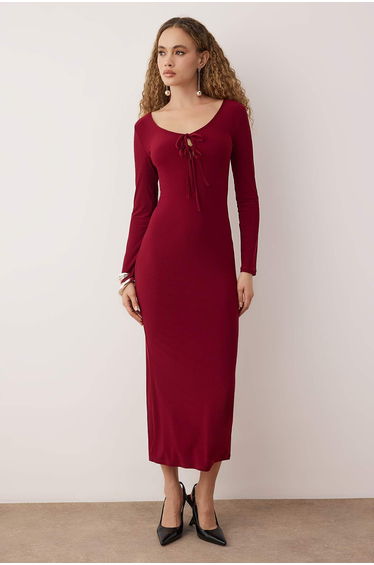 Burgundy Body Fitting Breast Tie Detail Knitted Long Stylish Evening Dress
