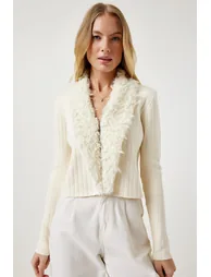 Women's Cream Fur Collar Soft Textured Knitwear Cardigan - 2