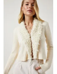 Women's Cream Fur Collar Soft Textured Knitwear Cardigan