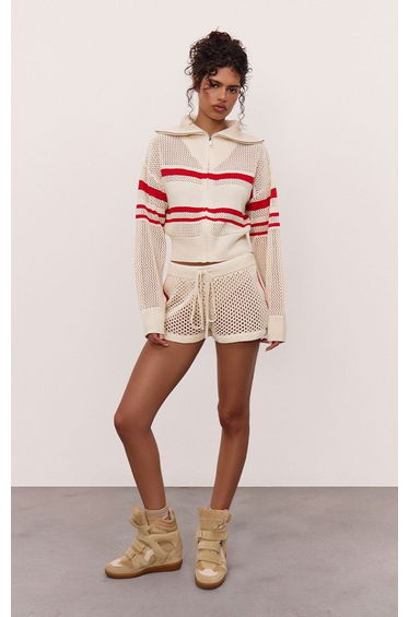 Cream Drawstring Crochet Knit Mini Shorts