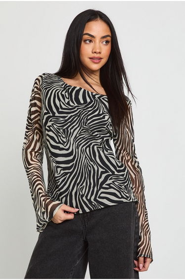 Zebra Print Chiffon Flare Sleeve Top - zebra
