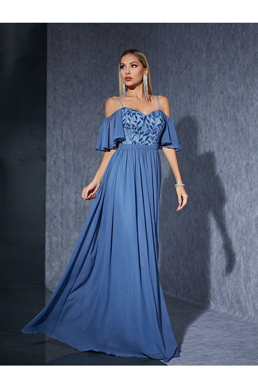 Leely Elegant Spaghetti Straps Cold Shoulder Chiffon Party Dress