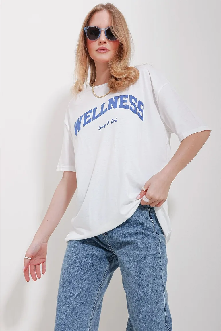 Women's Blue Crew Neck Printed Oversize Cotton T-Shirt